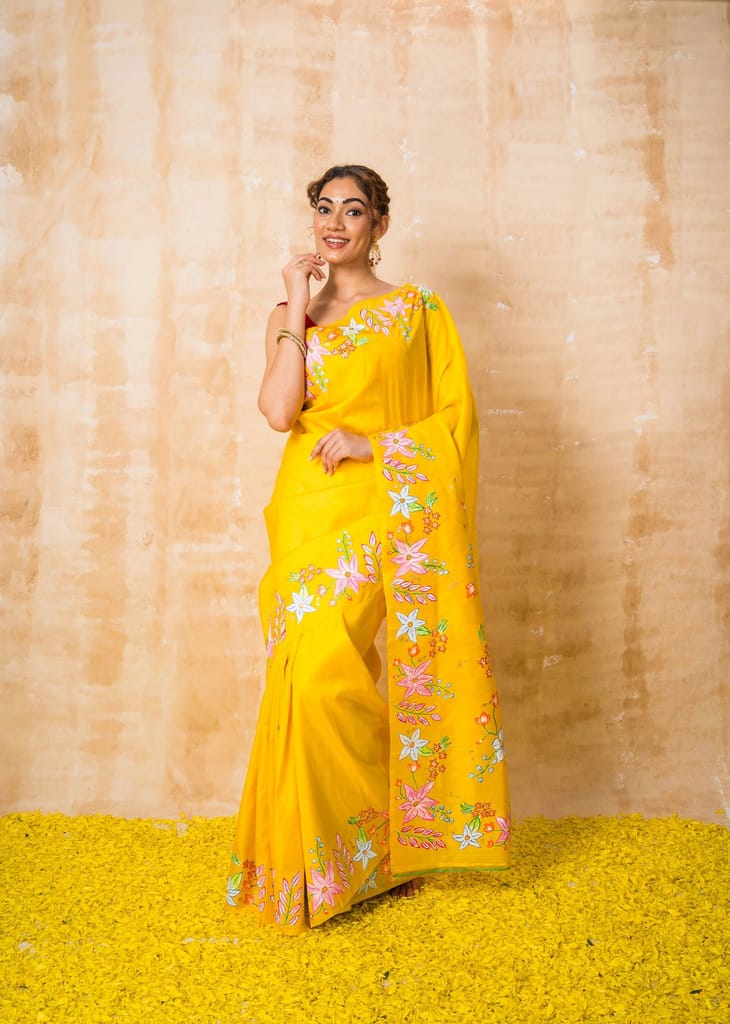 Golden Yellow Floral Pattachitra Pure Silk Saree view 2