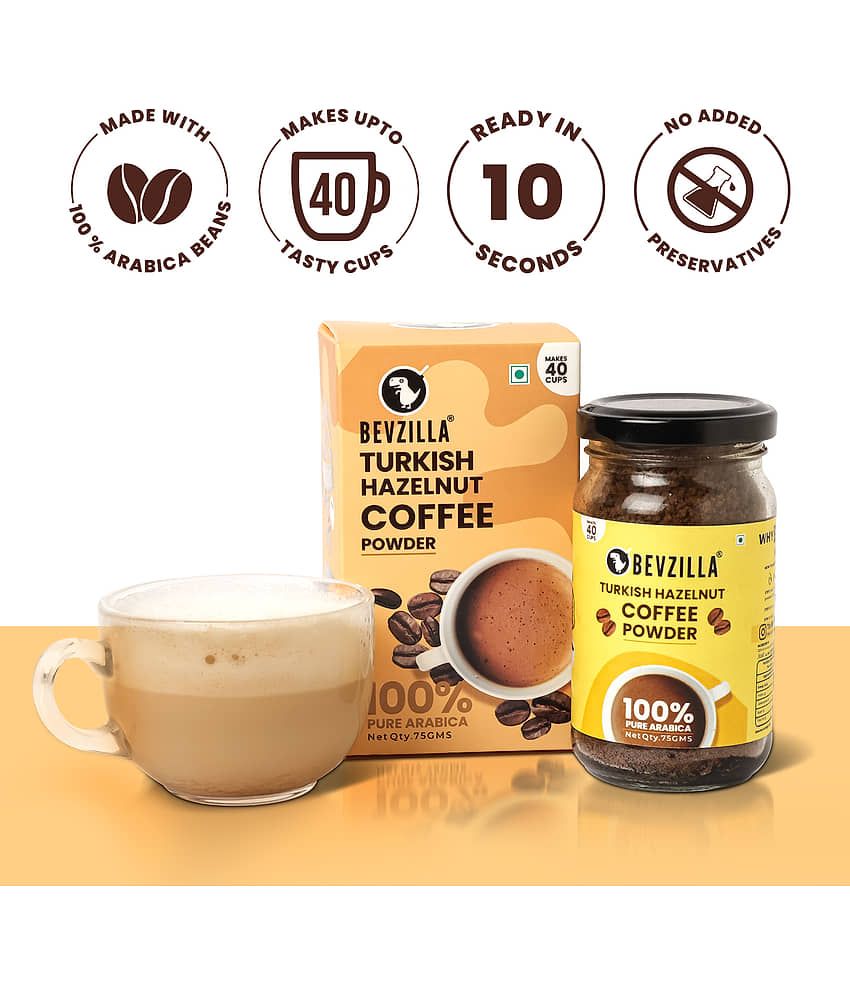 Bevzilla Instant Coffee Powder Turkish Hazelnut Flavour - 75 Grams | 100% Premium Arabica Beans | Makes 40 Cups view 2