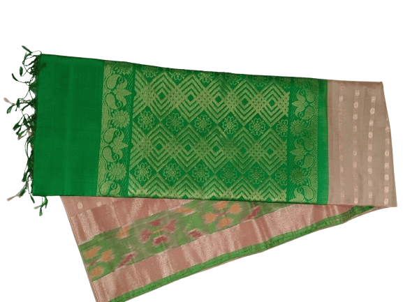 Green and gold zari woven Kanjivaram silk saree with contrast blouse piece