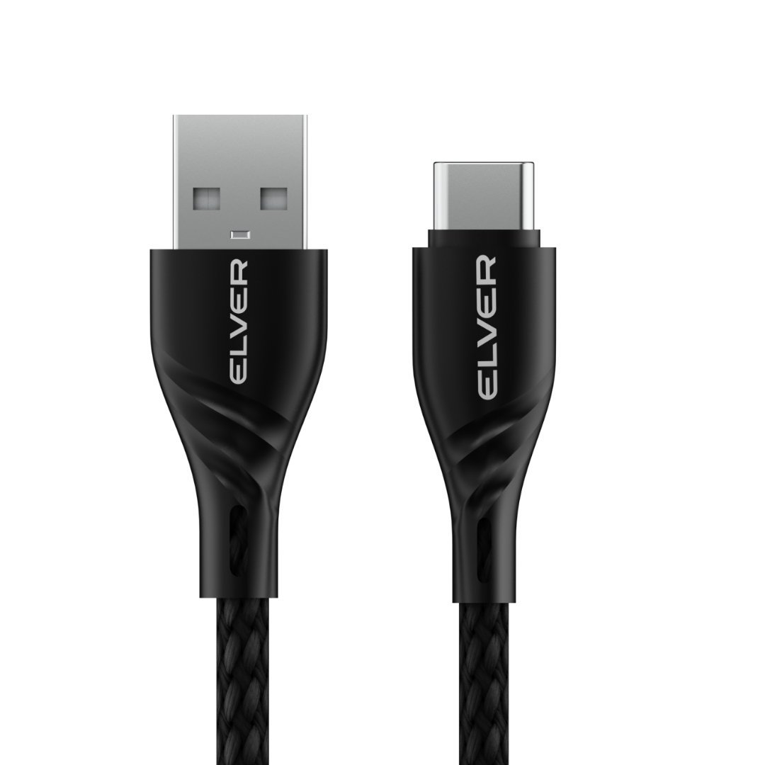 Elver USB-A to USB-C Cable, 100W Fast Charging, 1.2M Length, 480Mbps Transfer Speed, Tangle-Free - Black
