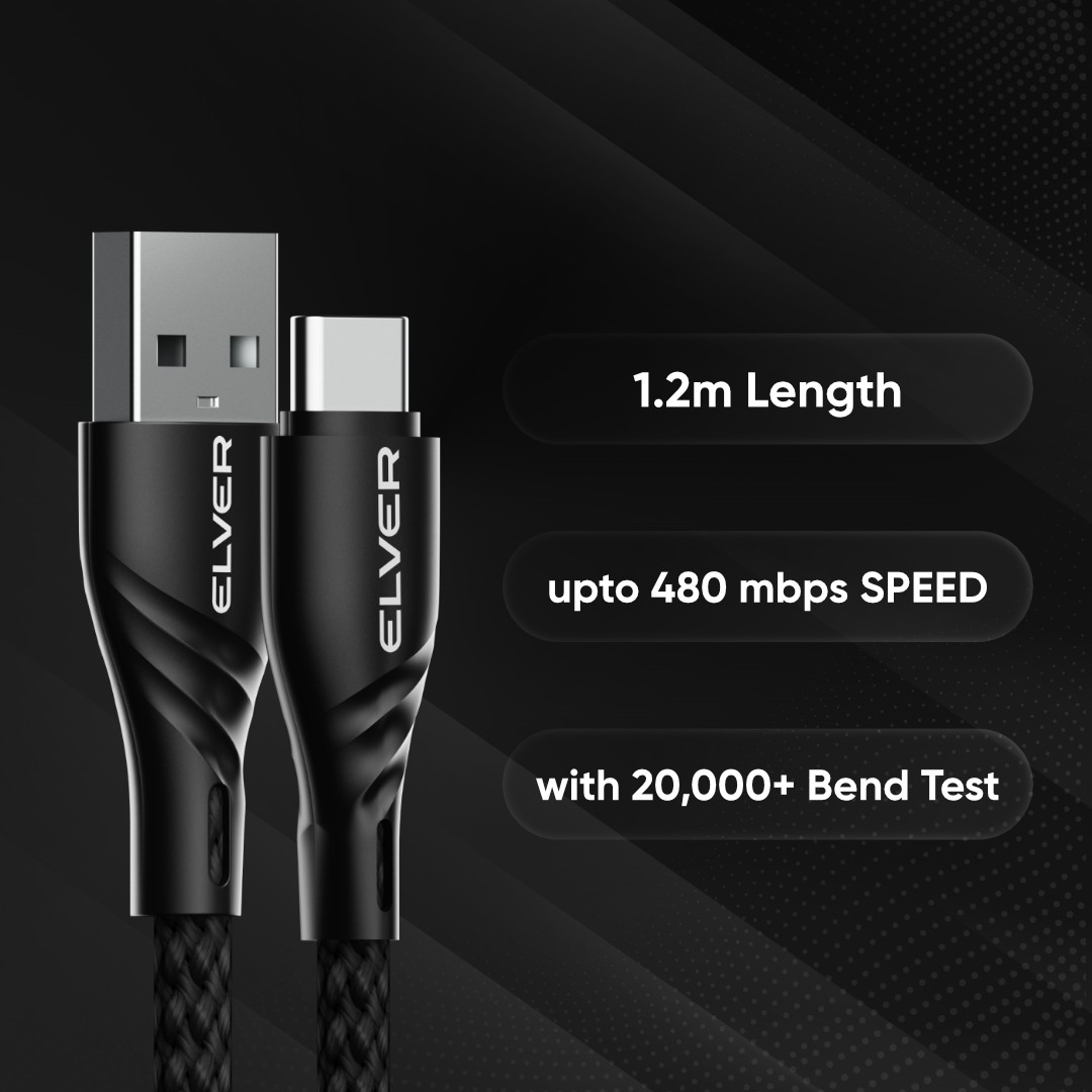 Elver USB-A to USB-C Cable, 100W Fast Charging, 1.2M Length, 480Mbps Transfer Speed, Tangle-Free - Black view 2