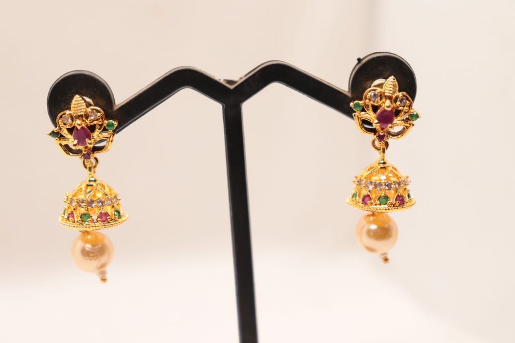 Pearl and Ruby Traditional Indian Jhumka Earrings view 2