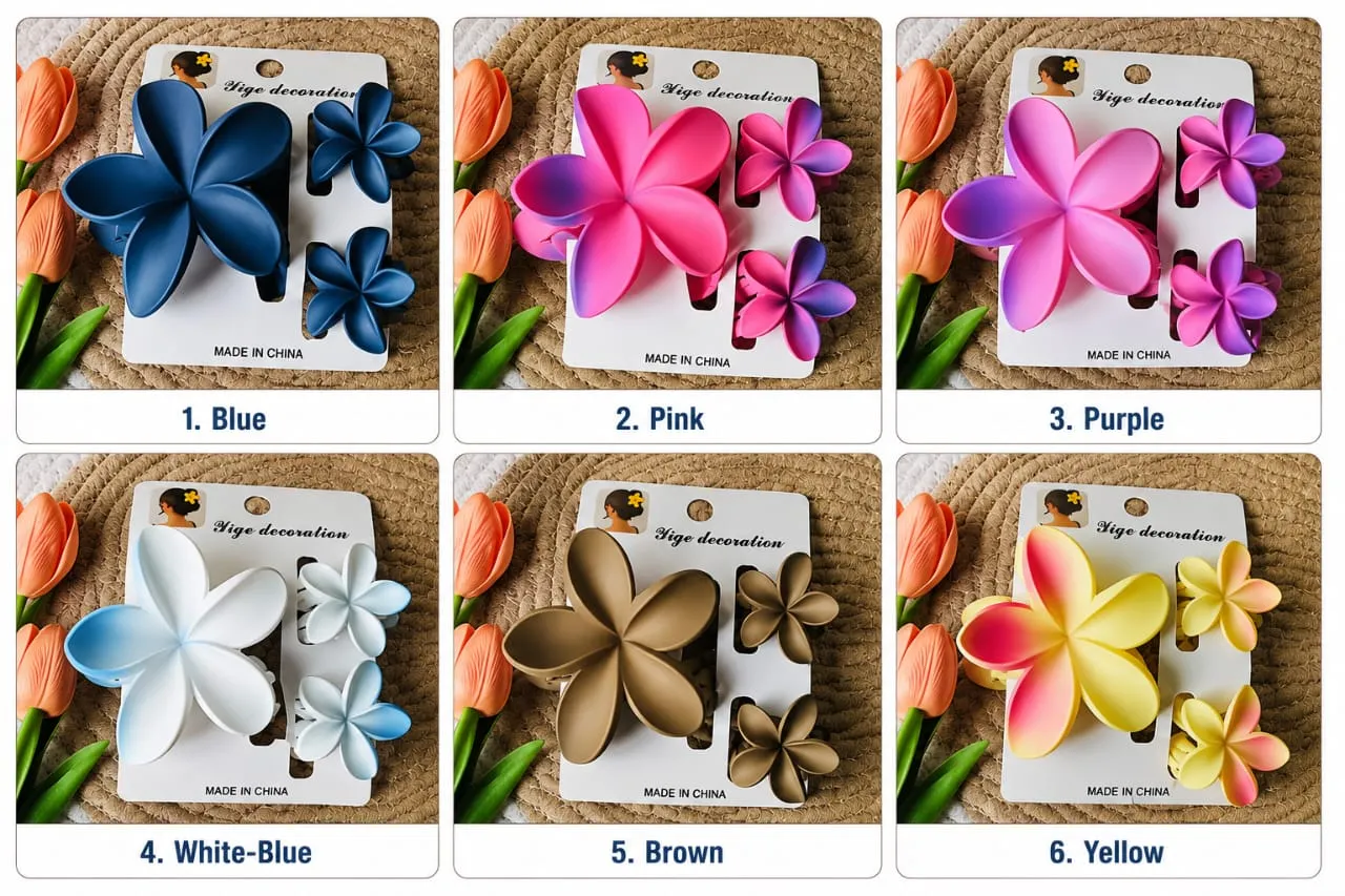 3-Piece Flower Hair Clip Set for Women Frangipani Hair Claws Strong Hold Floral Hair Accessories Blue, Pink, Purple, White-Blue, Brown & Yellow