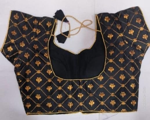 Black and gold embroidered brocade blouse with short sleeves view 2