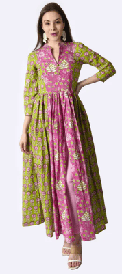 Pink/ Parrot Green Hand Block Printed 3 Piece Kurti Set view 2