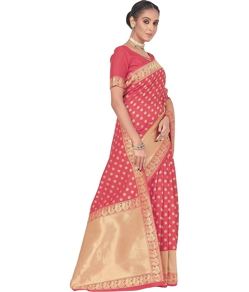 Sariya Jacquard Embellished Saree With Unstitched Blouse Piece ( Pink ) view 2
