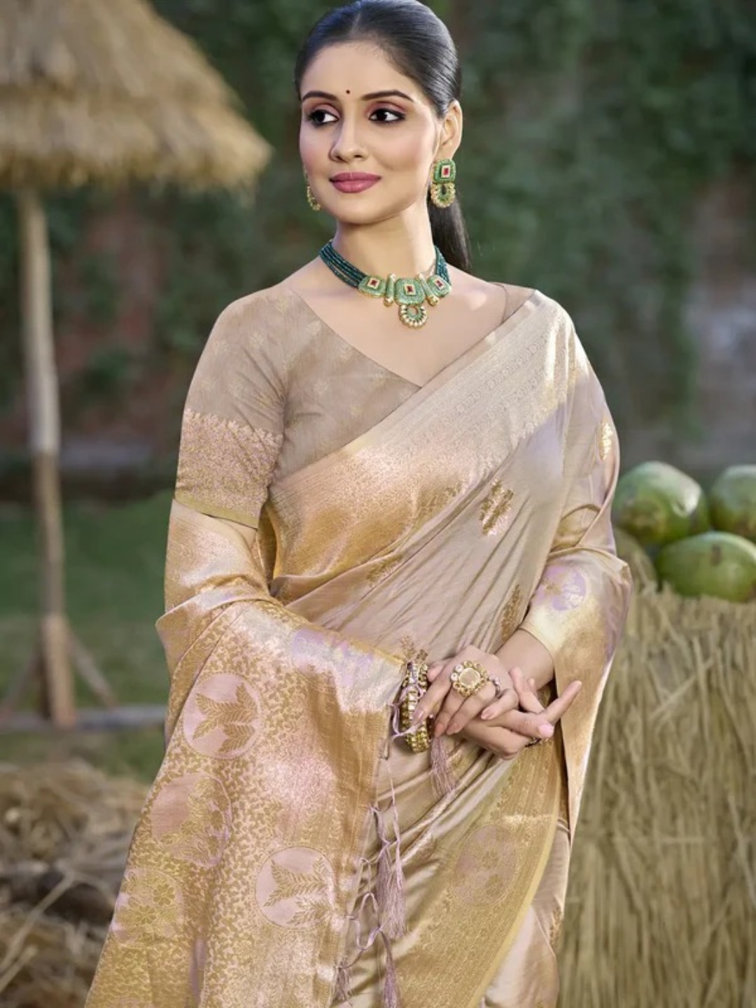 Beige Silk Saree view 2