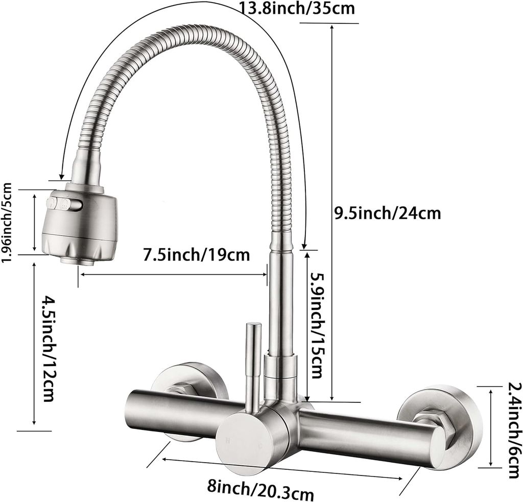 304 Bathroom Sink Taps Kitchen Faucet Wall Mounted Kitchen Sink Mixer Tap Rotate Kitchen Faucet Stainless Steel Brushed Hot & Cold Mixer Water Tap Silver view 2