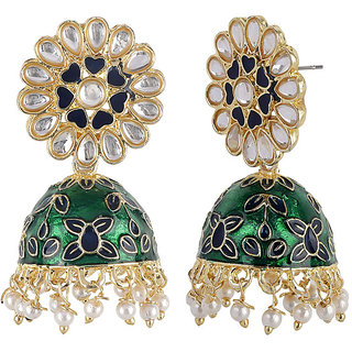 Green Golden Jhumki With Kundan Top Earrings for Girls Alloy Material Earrings for Women's Fashion Jewellery view 2