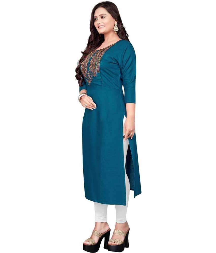AMTHI Cotton Blend Embroidered Straight Women's Kurti - Teal ( Pack of 1 ) view 2