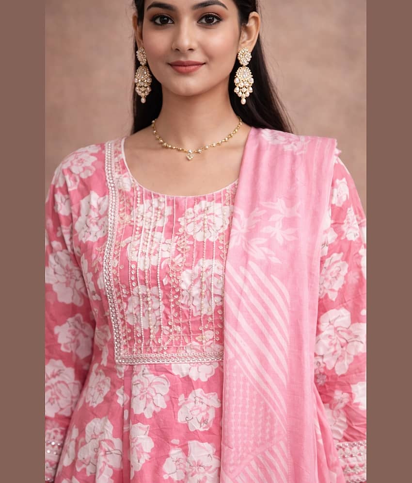 Aarika Women Cotton Printed Flared Kurti With Pants ( Pink ) view 2