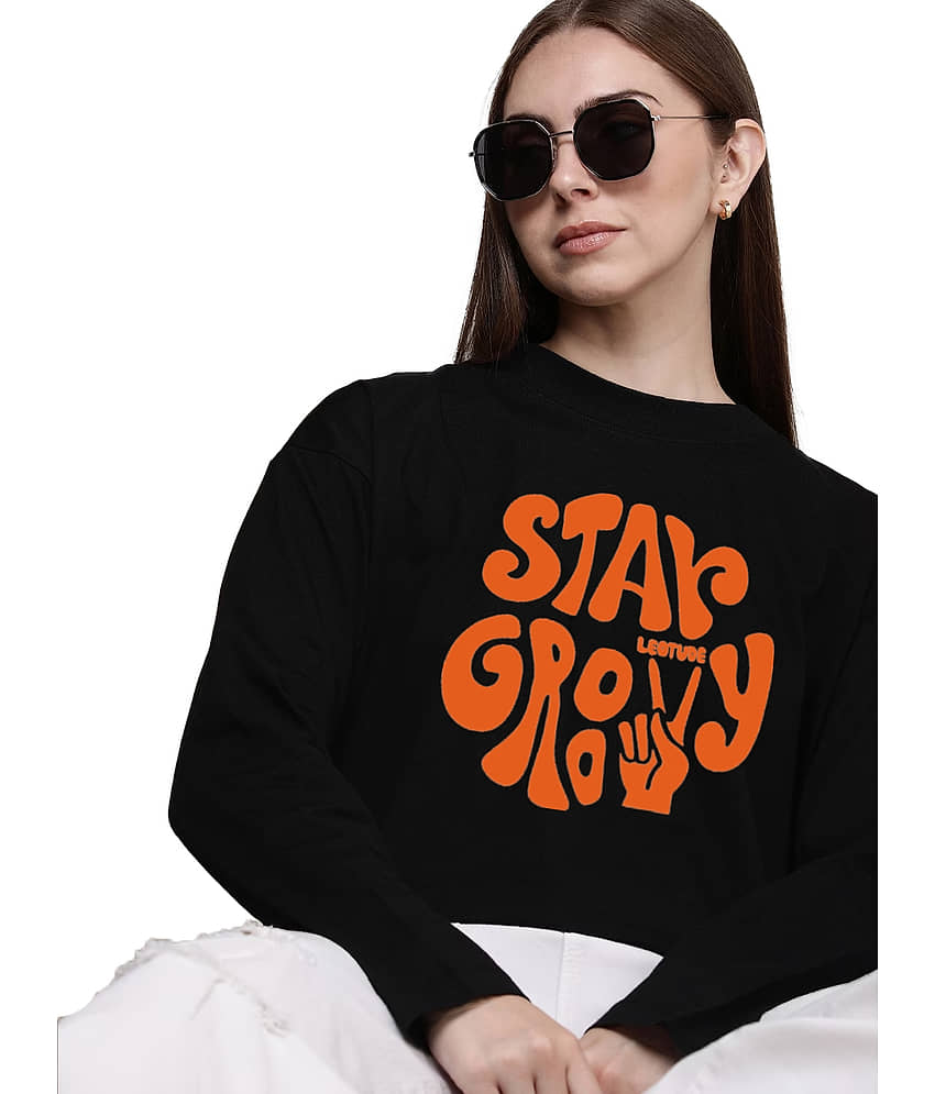 Leotude Women Cotton Blend Printed Oversized Fit Round Neck T-Shirt ( Black )