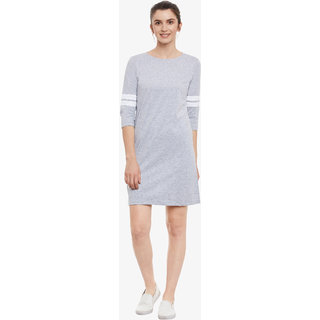 Women'S Grey Solid Round Neck 3/4 Sleeve Panelled Shift Dress view 2
