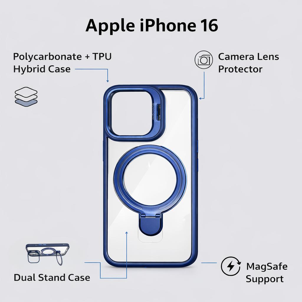 Mobile Cover for Apple iPhone 16 Back Cover | Hybrid (PC + TPU) case | Dual Stand Case with MagSafe Support and Camera Lens Protector