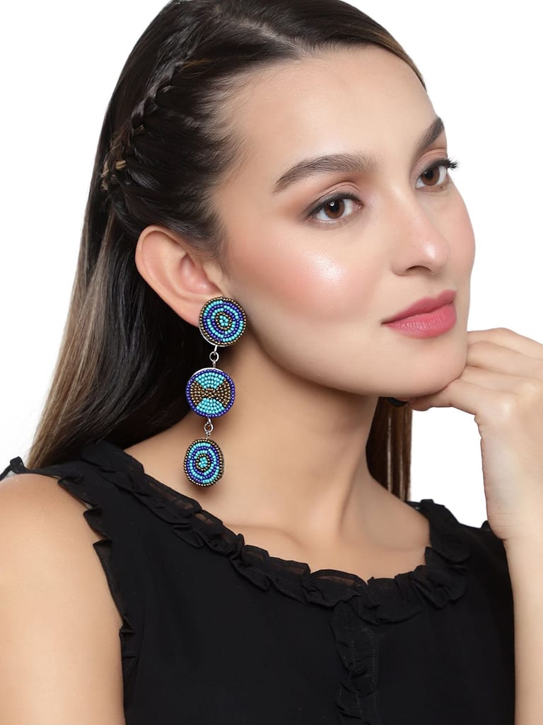 Cardinal Blue Color Beads Weaving Geometric Design Oxidized Earrings view 2