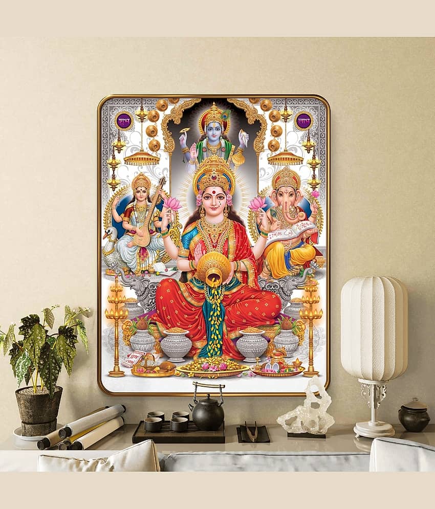 SAF Lakshmi Vishnu Ganesha Saraswati Wall Painting | Sparkle Laminated Religious Art | Golden Frame MDF Decor for Home Temple Living Room Pooja Room Gift view 2