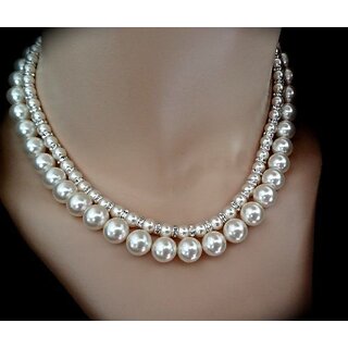 Techiefox Luxurious Double-Strand Faux Pearl Necklace for Women Elegant Layered Pearl Choker with Crystal Accents