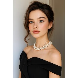 Techiefox Luxurious Double-Strand Faux Pearl Necklace for Women Elegant Layered Pearl Choker with Crystal Accents view 2