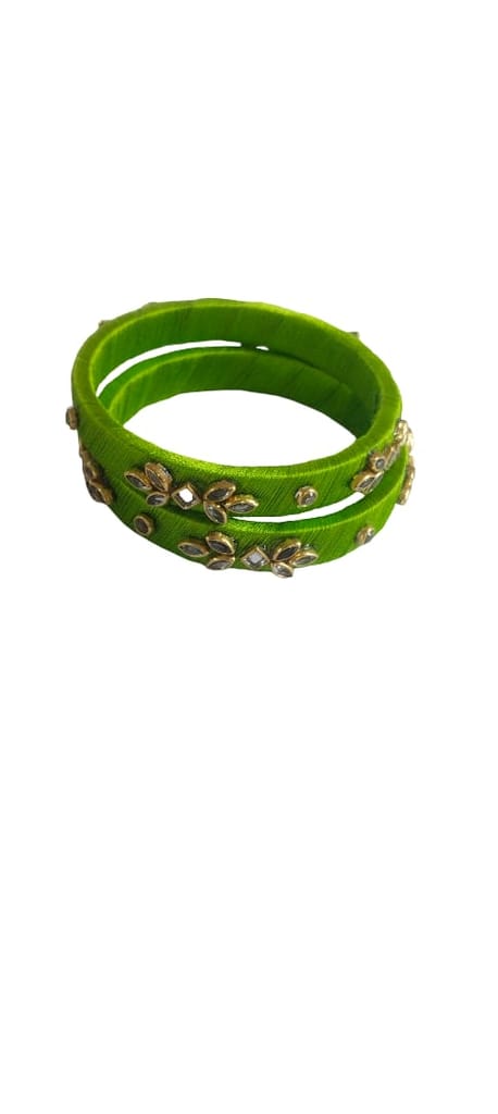 Vibrant Green Thread Work Bangles with Embellishments (Pair) view 2