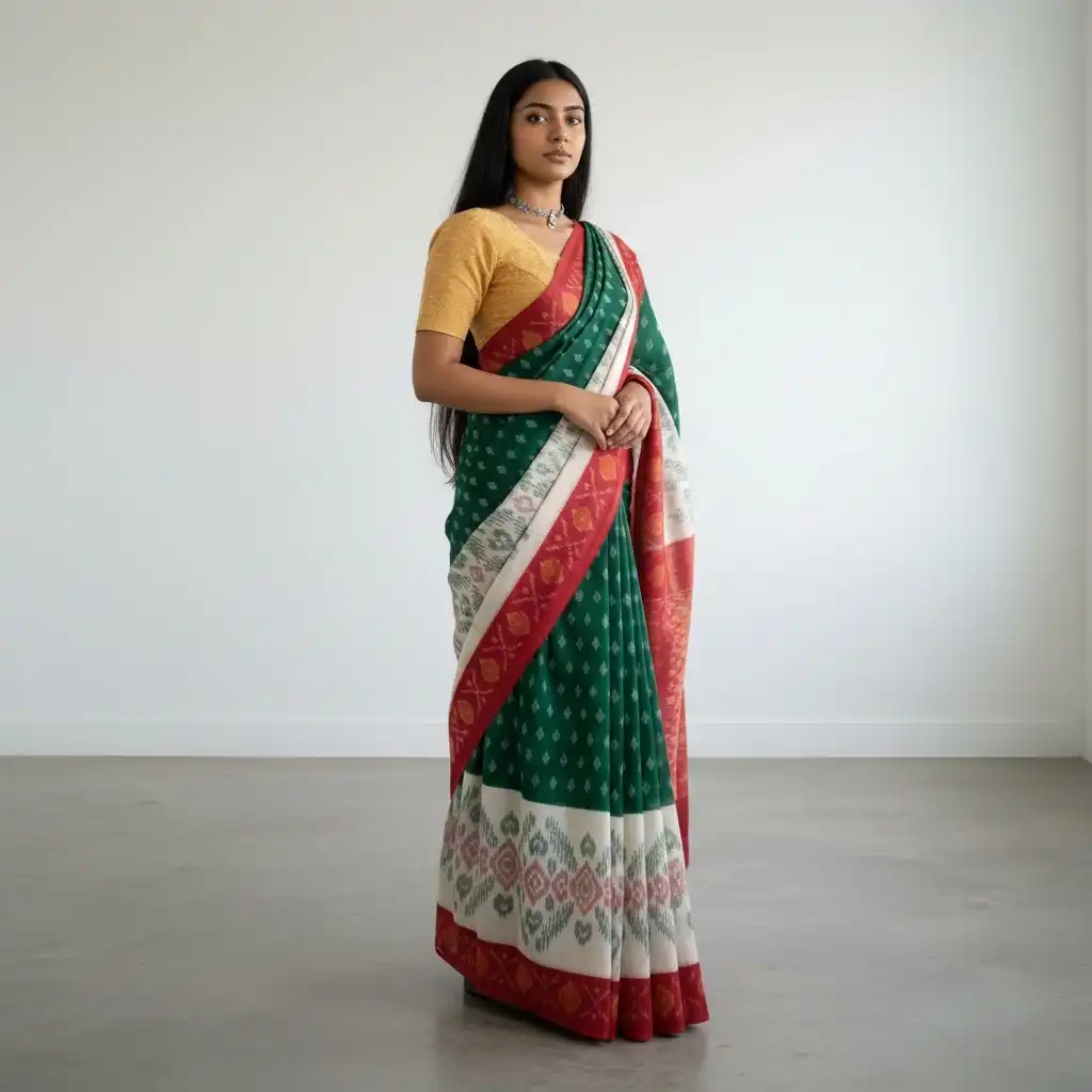 Pochampally Ikat Handloom Cotton Saree in Dark Teal Green and Red view 2