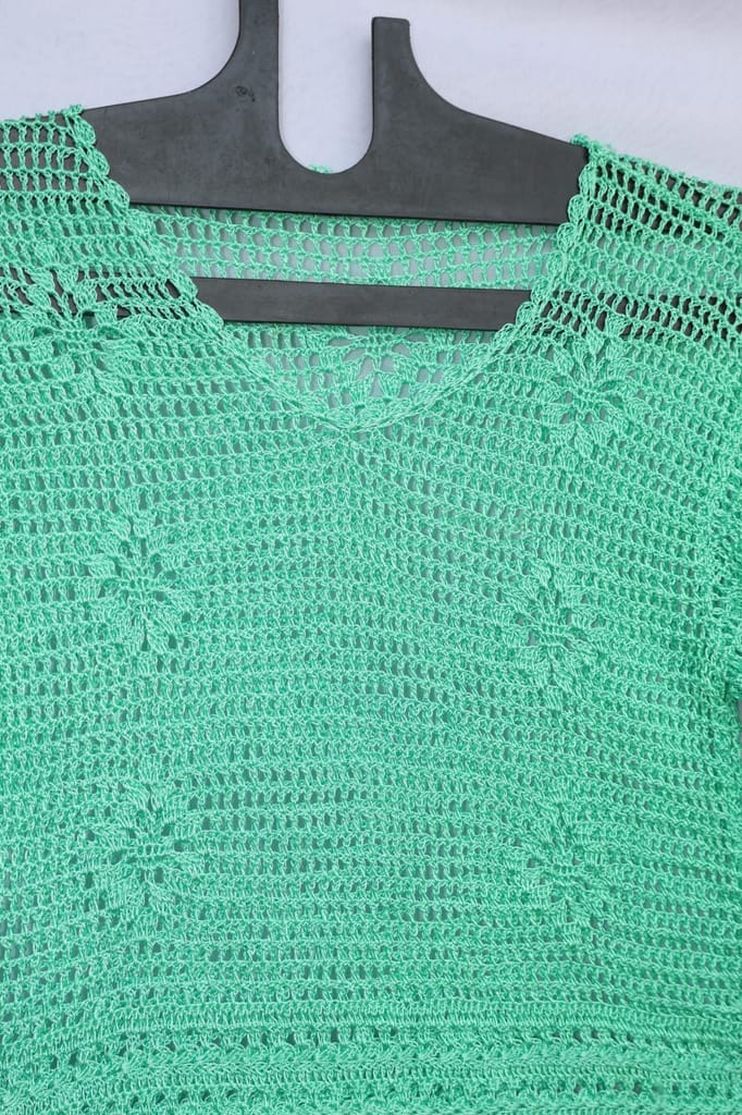 Mint Green Handcrafted Crochet Knit V-Neck Full Sleeve Top for Women view 2