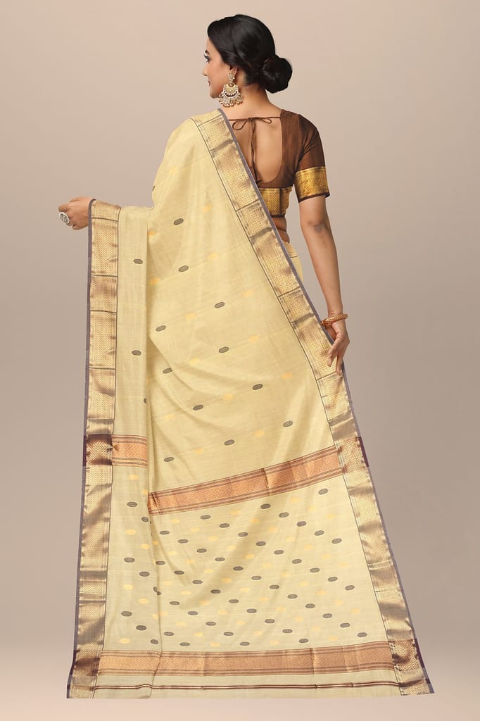 Canary Yellow Rudraksh Buti Handwoven Sausar Saree Silk with Zari Border SKU-BS10107 view 2