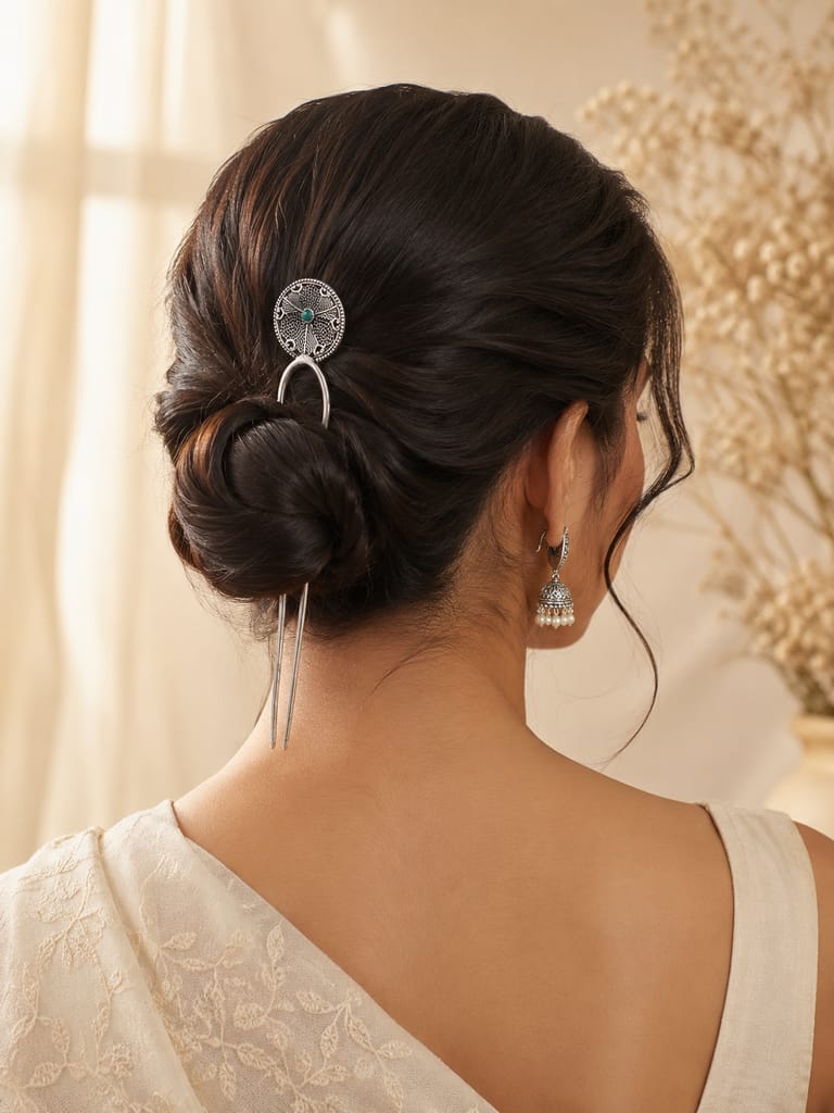 Handmade Oxidised Silver Floral Juda Stick for Women | Traditional Hair Bun Pin view 2