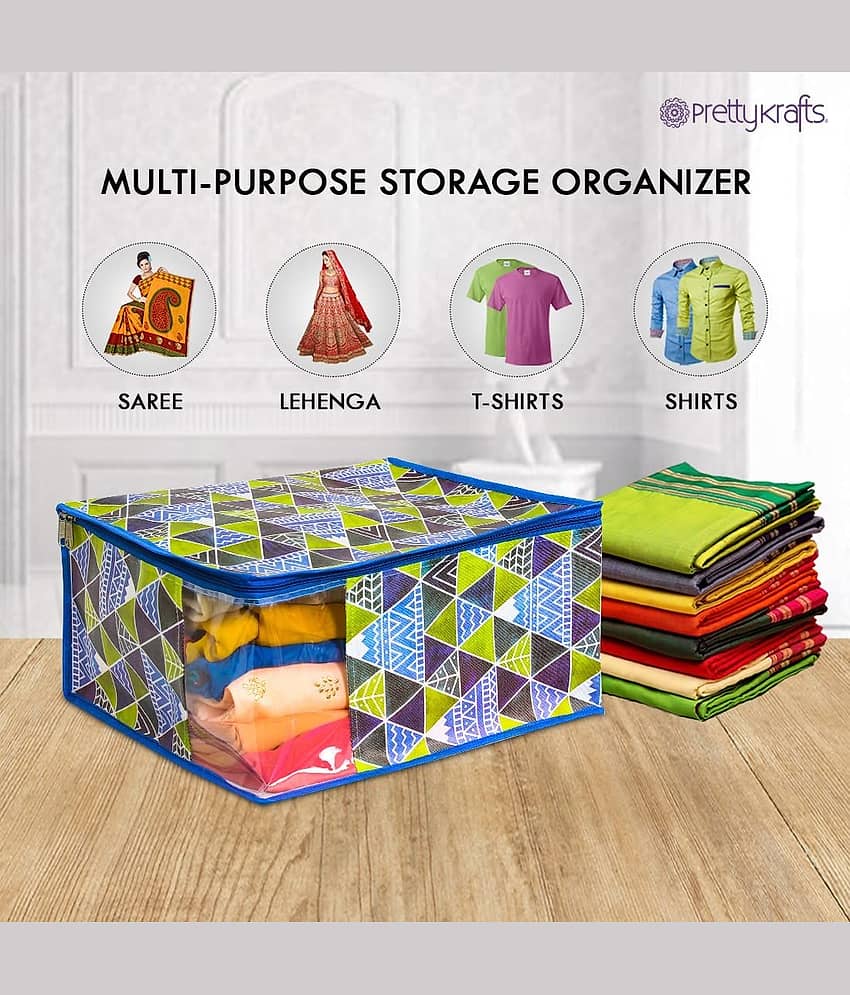 Saree Cover Large with Creative Prints, Saree Storage Bag with Zip, Wardrobe Organiser Clothes Cover & Storage, Trio Blue, Set of 12 pcs view 2