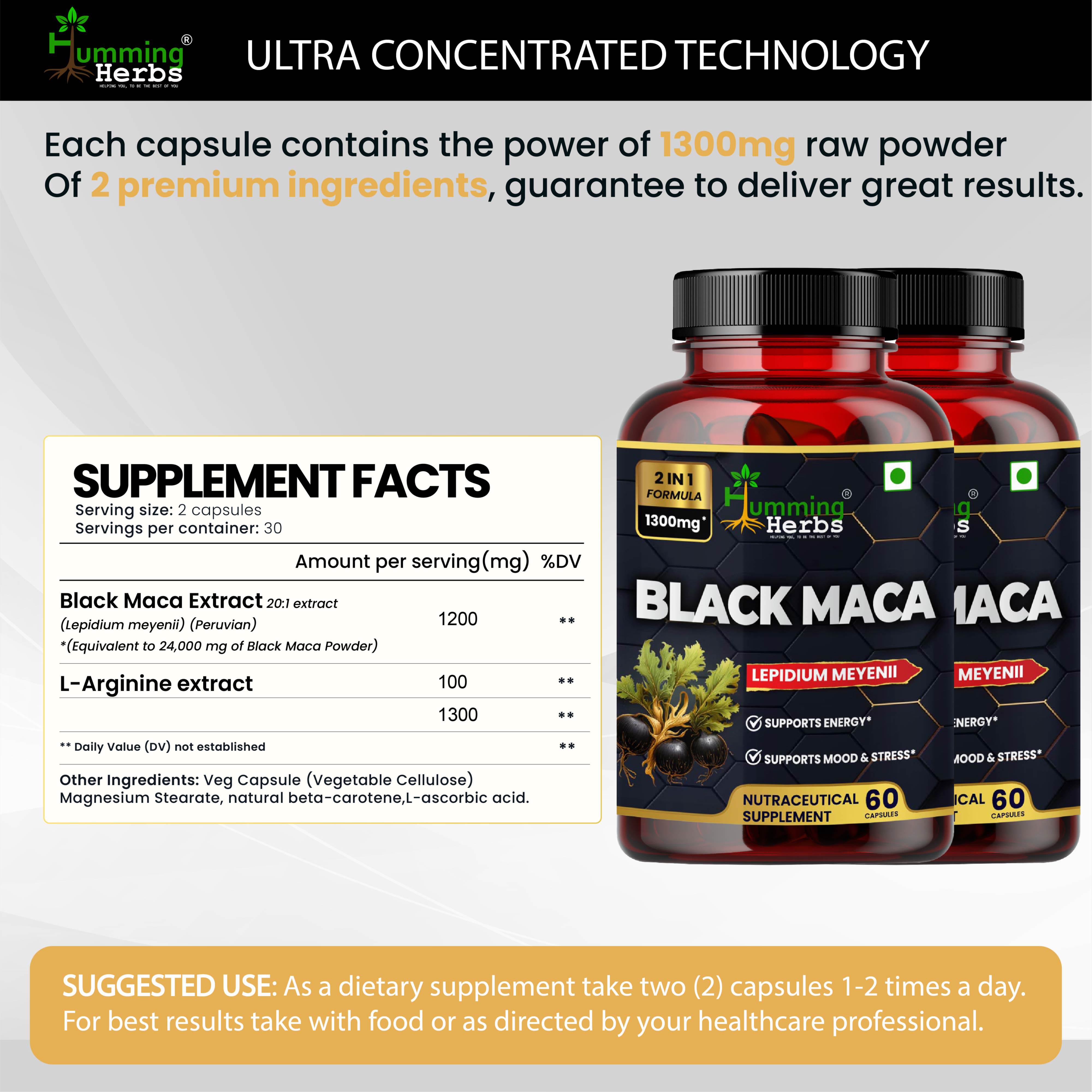 Humming Herbs Black Maca Root Extract 1300mg - Boosts Energy & Stamina, Supports Mood & Hormonal Balance - Men's & Women's Health Supplement - Pack of 2 view 2