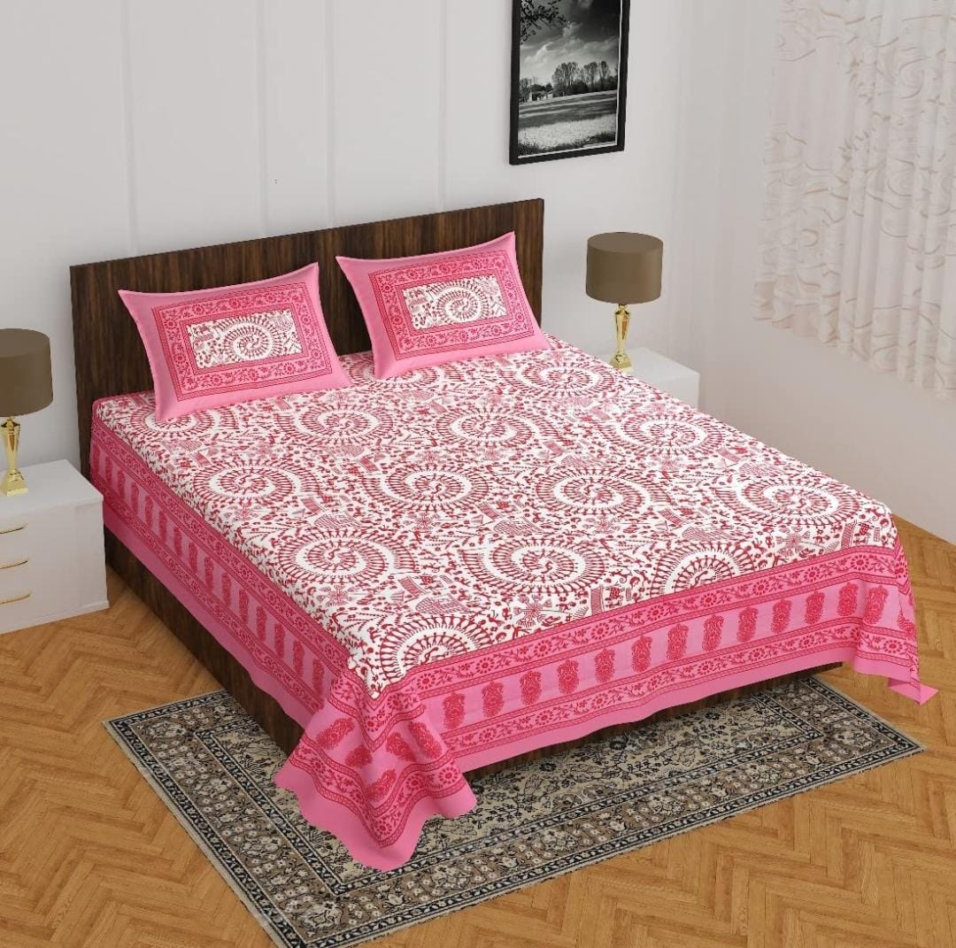 Lali Prints Pink White Ethnic Motifs Cotton 130 TC Queen Bedsheet with 2 Pillow Covers view 2