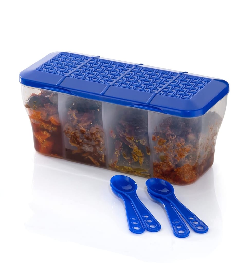 HAPPI Multipurpose Plastic 4 In 1 Masala Box for Kitchen, Spice Boxes for Kitchen, Transparent 4 Compartment Storage Containers Airtight Grocery,Cereal,Dry Fruits Dabba 1800 Ml with 4 Spoons(Blue) view 2