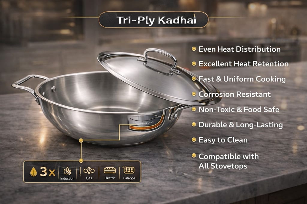 WEKTU Premium Tri-Ply Stainless Steel Kadhai with Lid - Induction & Gas Compatible, Mirror Finish view 2