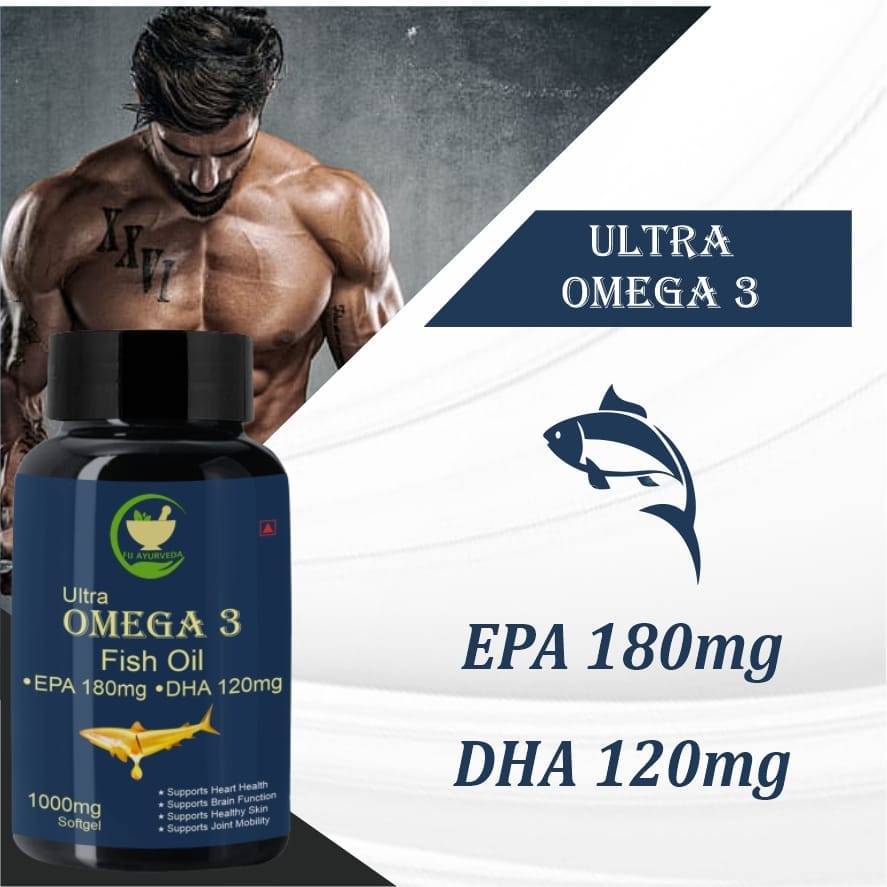 FIJ AYURVEDA Ultra Omega3 Fish Oil Fatty Acid 1000mg | Omega3 Capsule (180 mg EPA & 120 mg DHA) Fish Oil Capsule | Supports Healthy Heart, Brain, Better Skin, Bones, Joint & Eye Care - 60 Softgel (Pack of 1) view 2