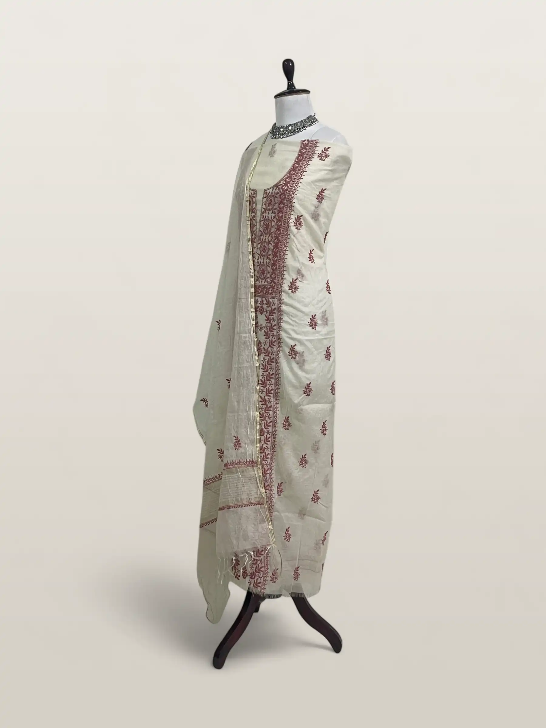 Chikankari Mul Chanderi Dress Material Ivory Rose Red Floral view 2