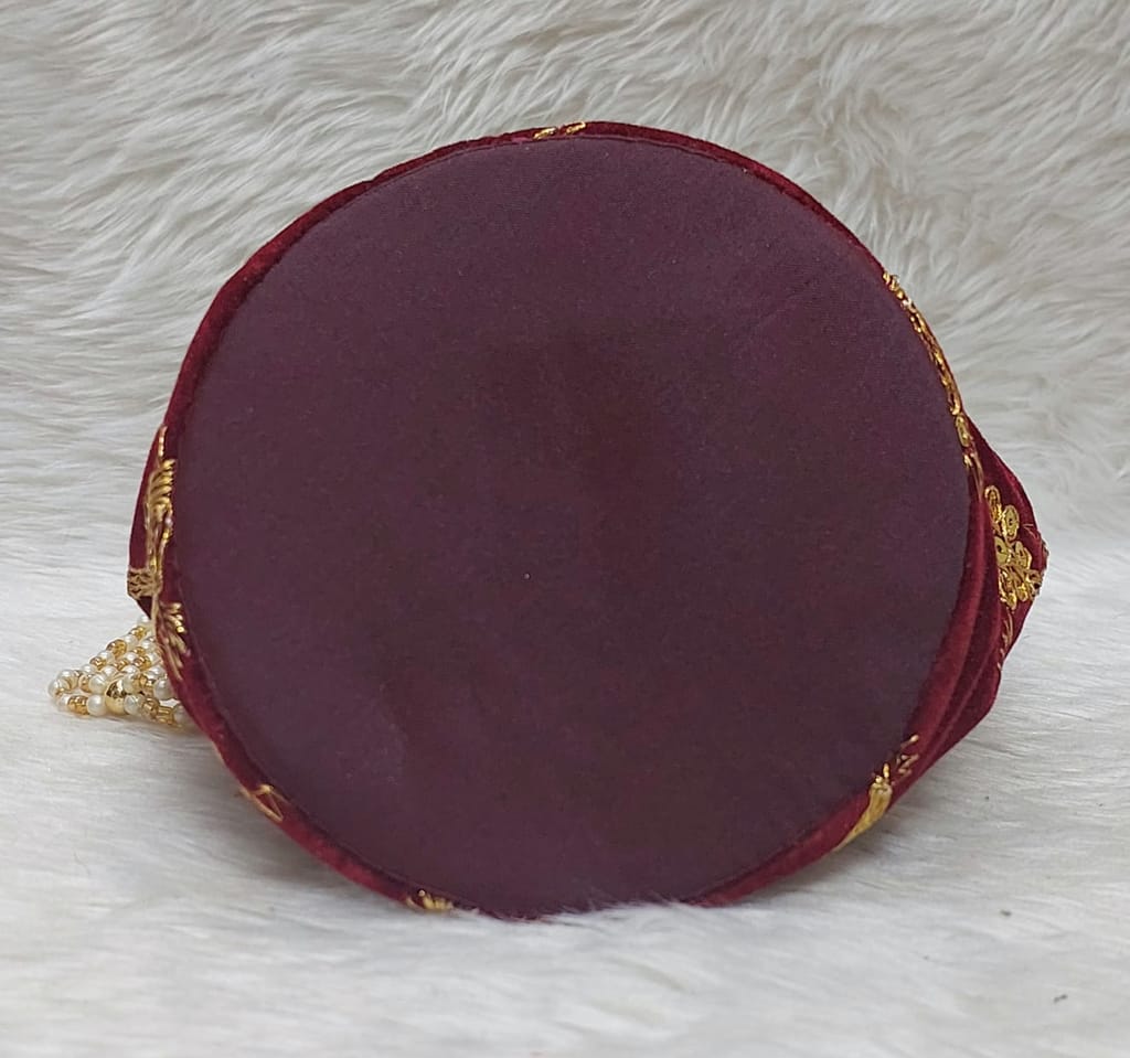 Elegant Maroon Velvet Potli Bag with Zari Embroidery & Pearl Handle view 2