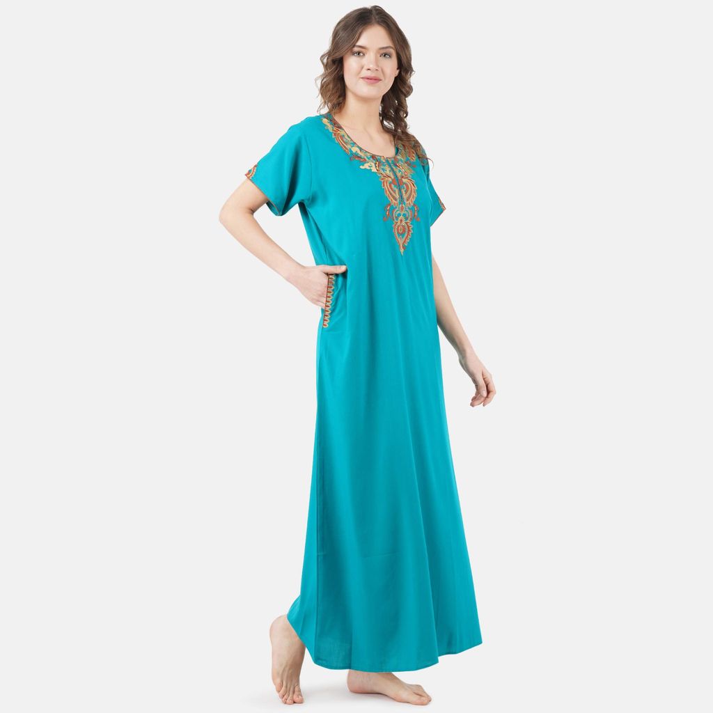 KOI SLEEPWEAR lissybissy Cotton Resham Embroidery Nighty Night Gown Maxi for Women A line (New Blue) view 2