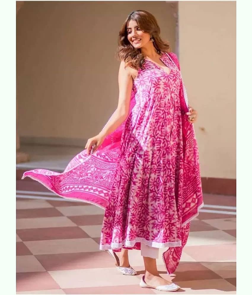 Shivaradhya designers Fluorescent Pink Anarkali Cotton Women's Stitched Ethnic Gown ( Pack of 1 )