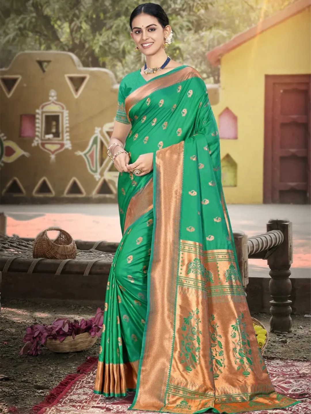 Rama Green Silk Saree view 2