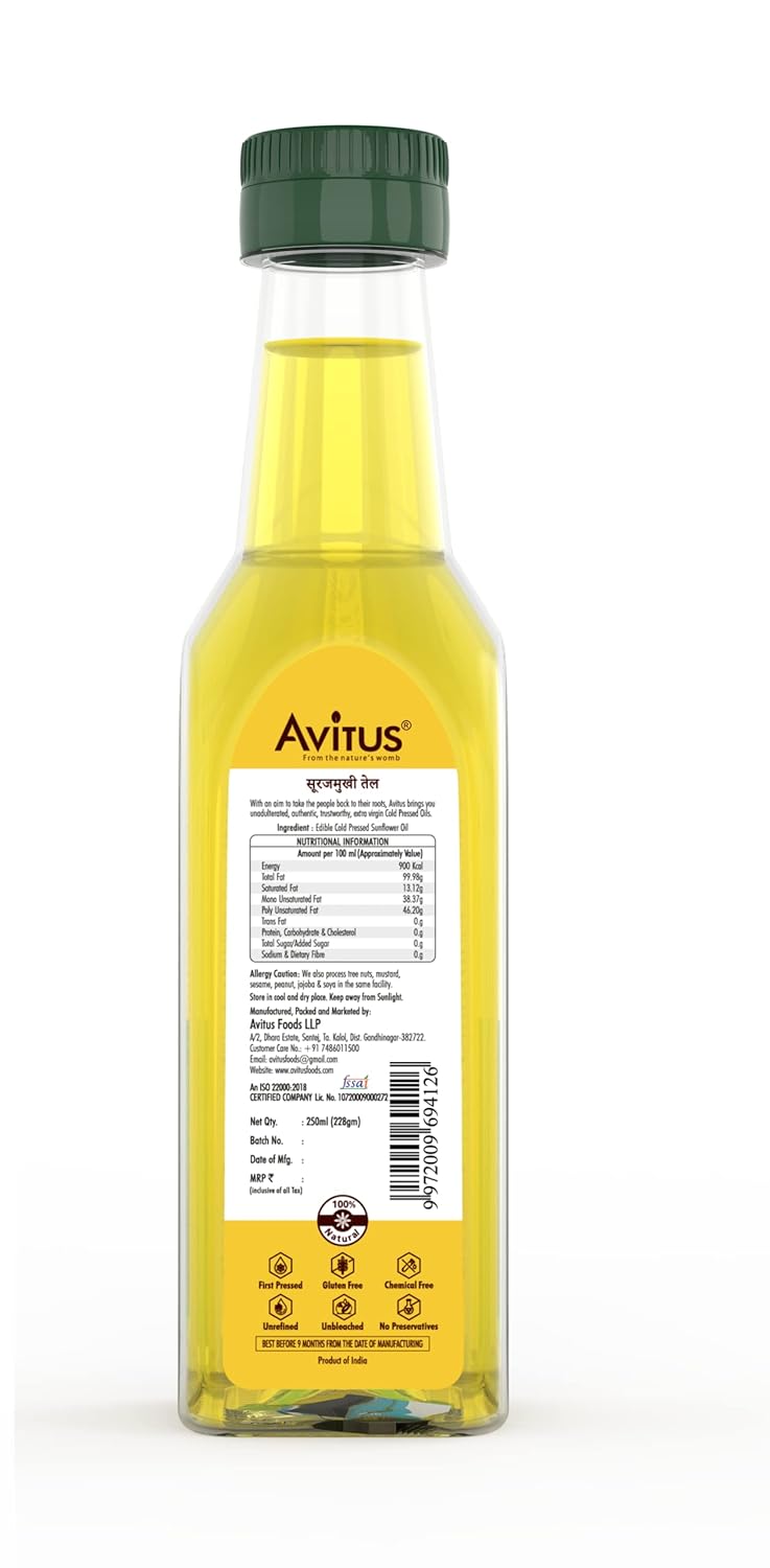 Avitus Cold Pressed Sunflower Oil, 250 ml view 2