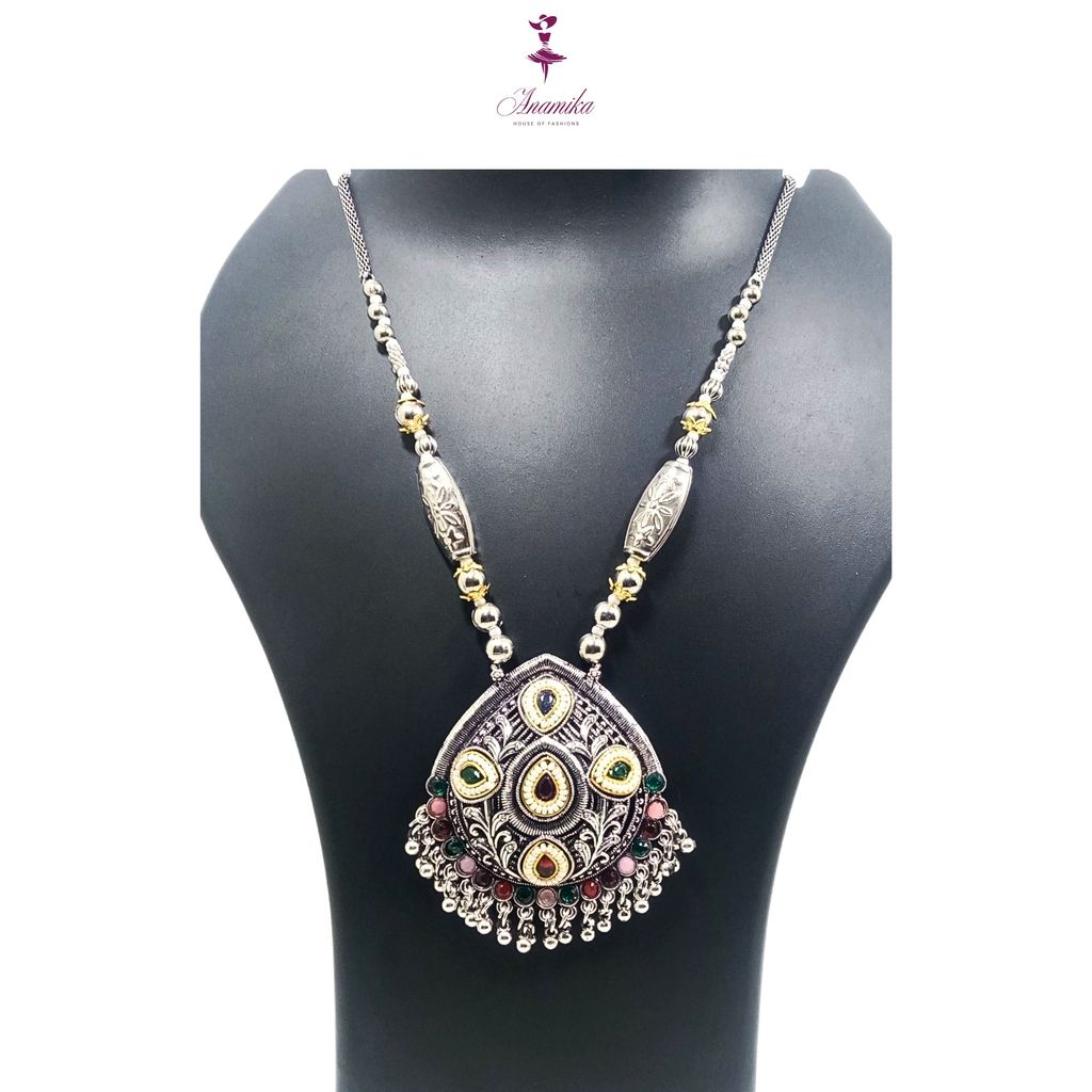 ANAMIKA Luxury Handcrafted Necklace Jewellery Set with Ear Rings, Oxidized, Oval Pendant, Grey Pink and Green stone view 2