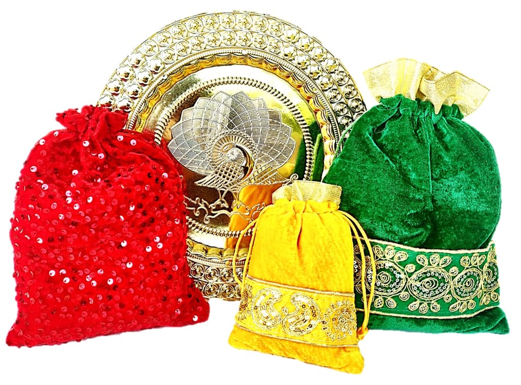 Omkar by R3 Inc. Gold Gift Plate with Assorted size Shagun Potli for Gifts Hampers | Fancy Hamper| Wedding Basket / Pouch for gift Packing (Pack of 4) view 2