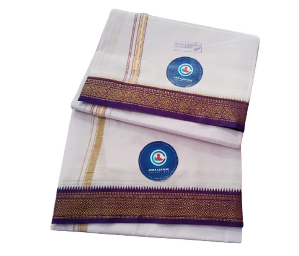 Jinka Lakshmi Collections Combo Handloom White Cotton Dhoti With Big Borders 4 Meters Unstitched Pack of 2 (Multicolor-7) view 2