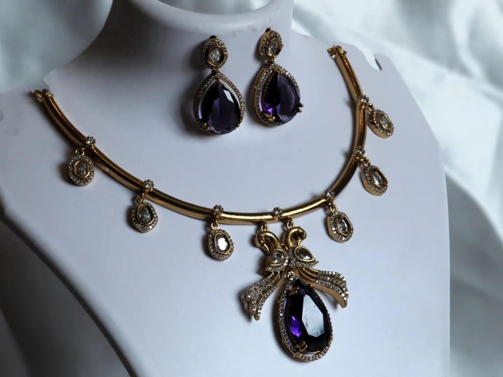 Stunning Purple Cubic Zirconia Bridal Necklace Set with Gold Plating