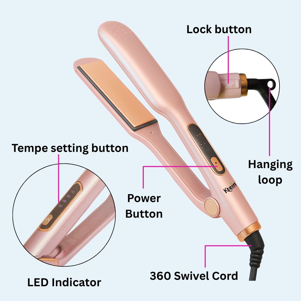 Ktein Hair Straightener – Wide Plate Flat Iron for Damp and Dry Hair with 4 Temperature Settings, Dual Voltage, Travel Lock, and Quick Heat-Up view 2