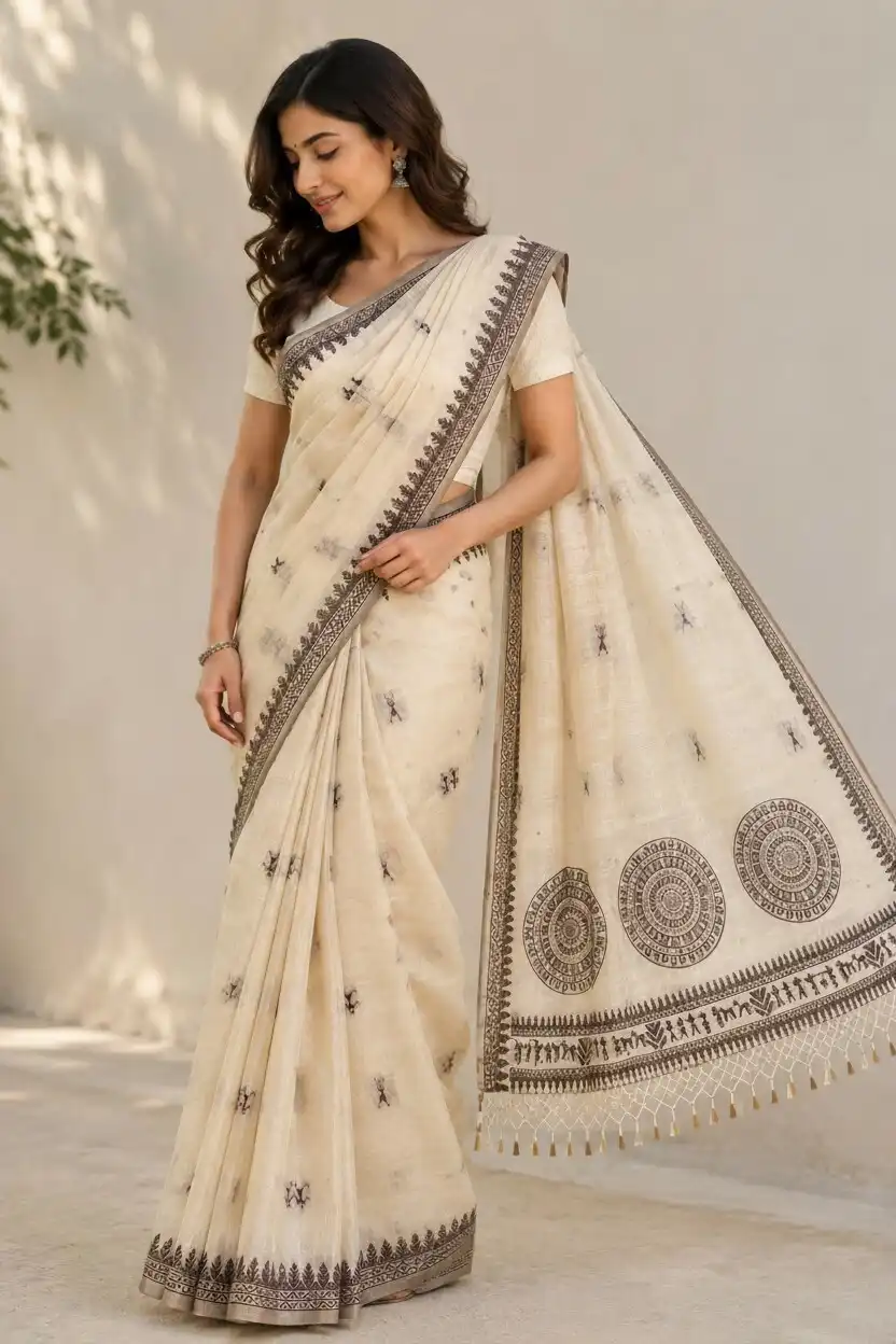 Bomkai Sonepuri Ivory Cotton Saree Tribal Buti Temple Border view 2