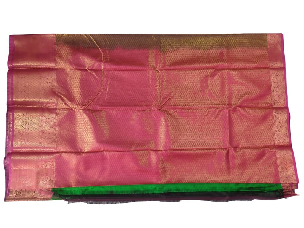 Green and gold zari woven Kanchipuram silk saree with contrast pink border view 2
