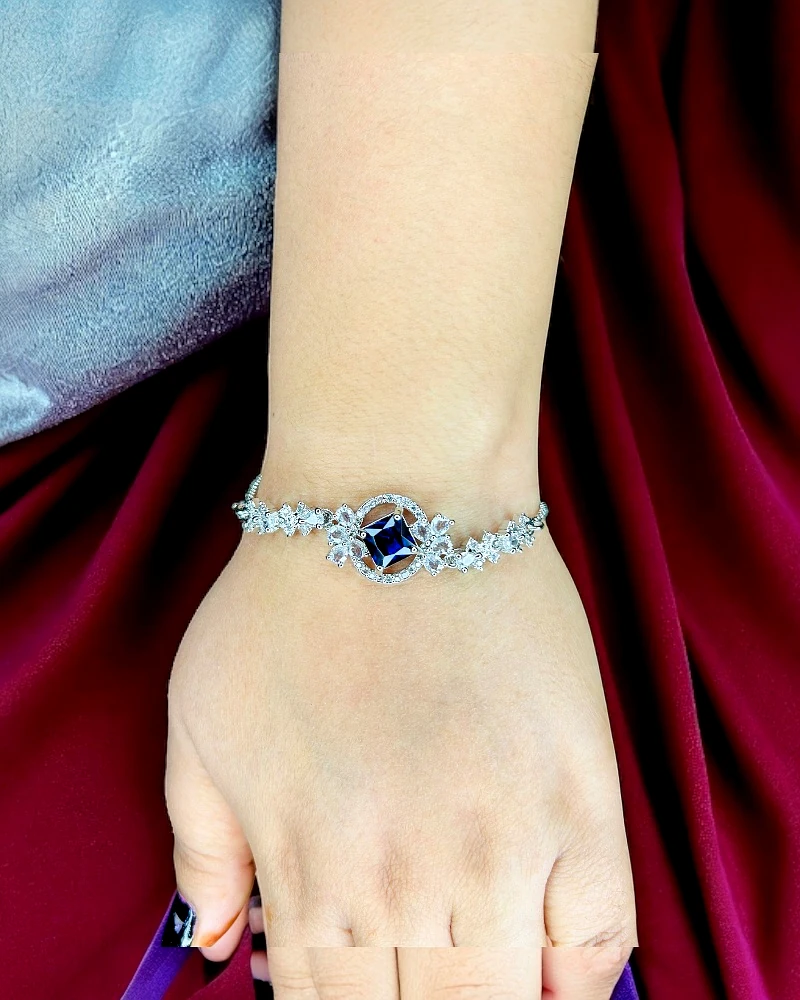Silver-Plated Blue Crystal Matrix Tennis Bracelet for Women – Elegant Stone Design by Print Magical Gifts view 2
