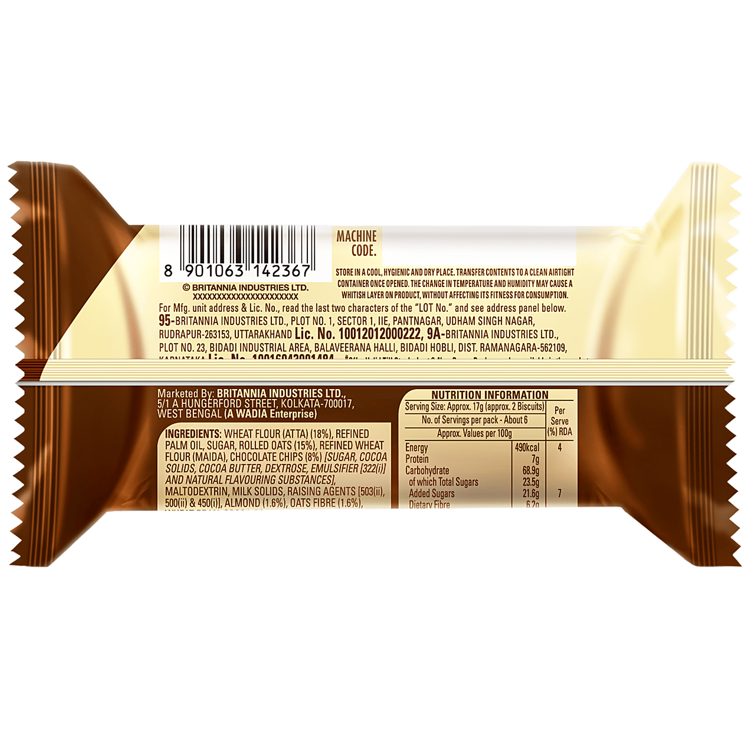 Britannia Nutrichoice Oats Cookies - Chocolate & Almonds, Fibre Rich, Healthy Snack, 75 G view 2