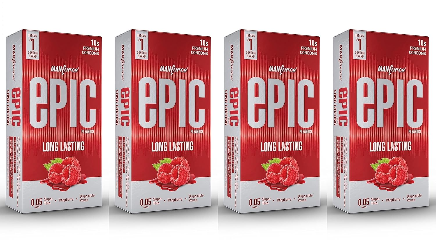 Manforce Epic Pleasure Long Lasting Premium Condoms for Men Super Thin Raspberry Flavour Disposable Pouch (10 Counts) x Pack of 4 view 2
