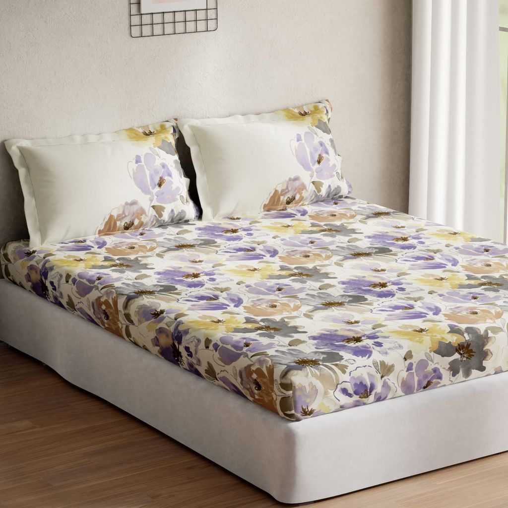 DDECOR - Optima Collection 100% Cotton Floral Pattern 136TC Queen Bedsheet |224 CM X 254 CM| with 2 Pillow Covers - Purple view 2